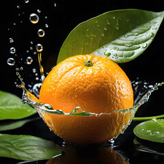 orange with leaf in water splash