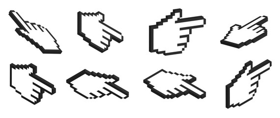 Hand cursor icon flat. 3D hand mouse cursor icon various directions, Click finger. Isometric pixel pointer, forefinger. Design elements for collage