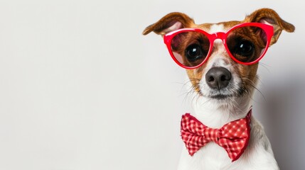 Cute happy funny dog with sunglasses with plain background.