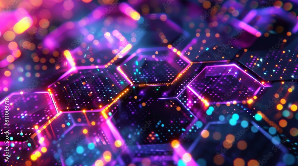 Poster Close-up view of a vibrant electronic circuit with illuminated hexagonal shapes, suggesting advanced technology or computing.