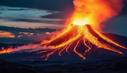 Volcano. Erupting volcano. Red-hot lava. Volcanic landscape