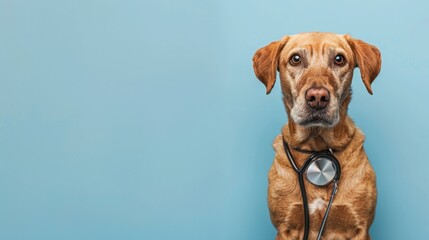 Cute dog with stethoscope with plain background.