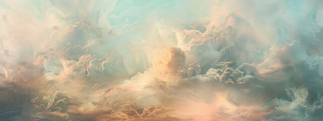 A painting depicting a sky filled with fluffy white clouds, creating a dynamic and atmospheric scene.