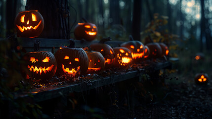 A spooky forest sunset with a haunted evil glowing eyes of Jack O' Lanterns on the left of a wooden bench on a scary halloween night. carved pumpkins with different evil faces in darkness at Halloween