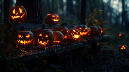 Obraz premium A spooky forest sunset with a haunted evil glowing eyes of Jack O' Lanterns on the left of a wooden bench on a scary halloween night. carved pumpkins with different evil faces in darkness at Halloween