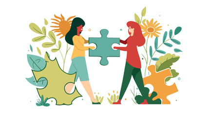 women holding big jigsaw puzzle pieces teamwork concept