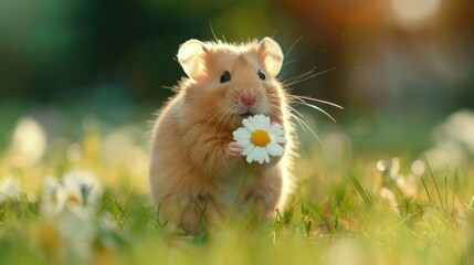 Lovely cute hamster on lawn with beautiful flowers