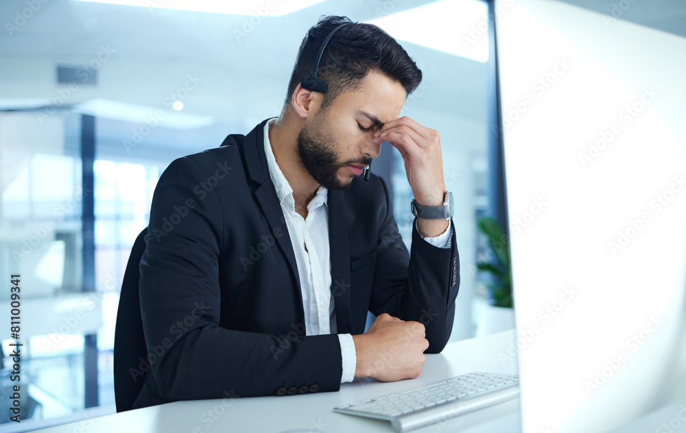 Poster man, headache and frustrated in call center with computer in office, stress and anxiety from custome