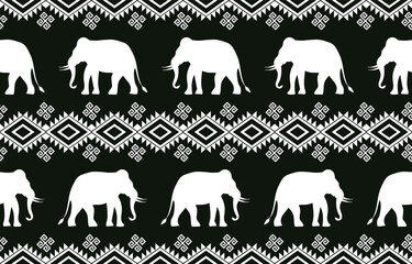 Elephant pattern. Seamless. White stripes, dark color background. Ethnicity. Floral patterns, printed fabrics, pants, Lanna.	