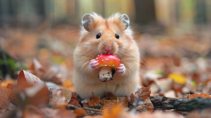 Cute hamster eating mushroom in forest