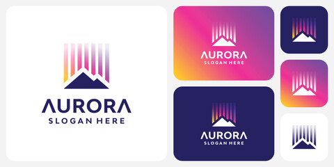 Vector logo design of mountain shape and geometric aurora gradient with modern, simple, clean and abstract style.