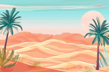 Desert flat design top view oasis discovery cartoon drawing colored pastel