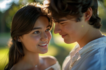 A closeup of the happy couple's faces, sharing a moment with their foreheads touching in soft sunlight.