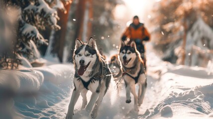 Dog sledding in forest with snow in winter