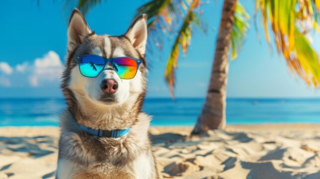 Portrait of a Husky dog with sunglasses in tropical beach