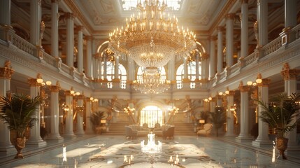 luxurious lobby with a grand chandelier hanging from a high ceiling, showcasing an opulent interior design concept