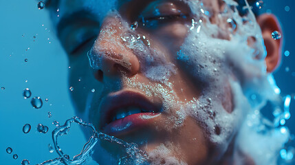 Fototapeta premium Close-up photo of a man with his face covered in foam and water splashes against a vibrant blue background, emphasizing a sense of freshness and vitality