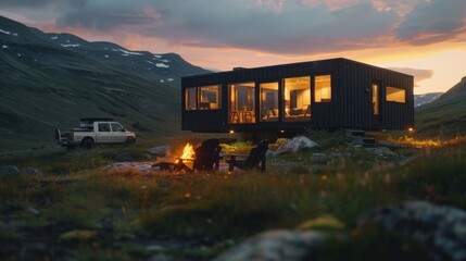 A small black house with large windows standing on the grassy hillside of an alpine valley  - Powered by Adobe