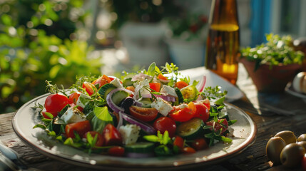 Greek salad served in a white ceramic bowl, featuring crisp lettuce, juicy tomatoes, cucumber slices, red onion, Kalamata olives, and crumbled feta cheese, drizzled with a tangy vinaigrette dressing - Powered by Adobe