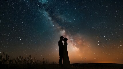Silhouetted Lovers Gaze into the Infinite Beauty of the Starry Milky Way Sky