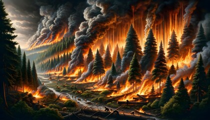 An apocalyptic vision of a forest engulfed in flames with wildlife fleeing, underscoring the devastating impact of wildfire.