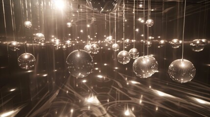 A collection of disco balls descend from above, casting a warm glow and intricate reflections across the space.