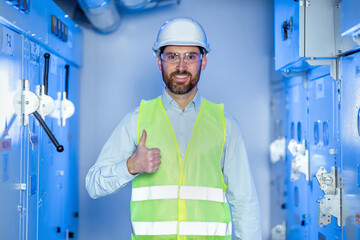 portrait of smiling engineer technician showing thumb up sign fingers in electric plant room