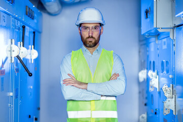 worker dressed in safety uniform standing in factory with arms crossed