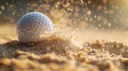 A close-up of a golf ball hitting the sand. - Powered by Adobe