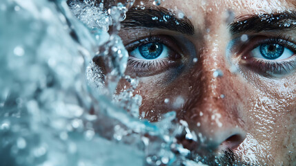 Close-up of a man's face with water splashing over it, focusing on his vivid blue eyes surrounded by detailed water droplets, set against a cool blue background.