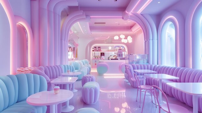 nterior of candy shop made with purple pastel, pink pastel, light blue pastel, dininng area chari and table with shape of candy