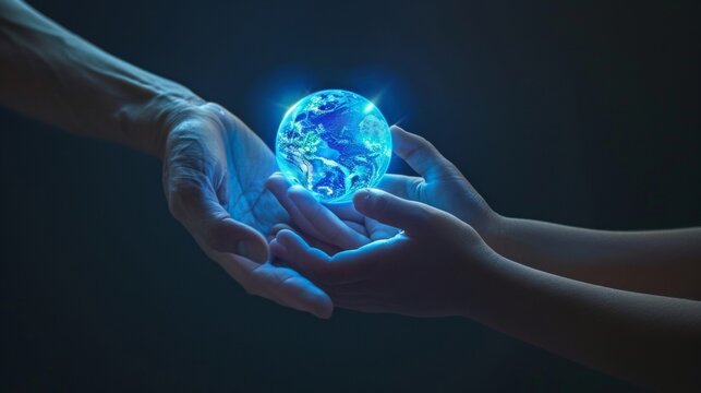 An adult hand pass a glowing earch to a child hand