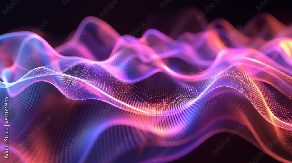 Poster Colorful undulating light patterns with a sense of motion, resembling neon waves against a dark background.