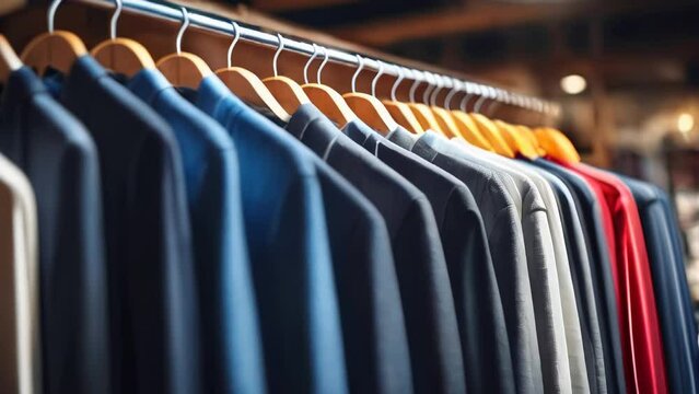 Men's clothes are hanging on a hanger in a clothing store
