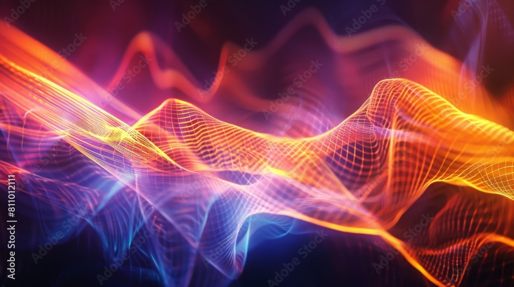 Poster A dynamic display of luminous orange and purple light waves flowing in an abstract pattern.