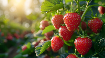 Strawberries growing on the plant