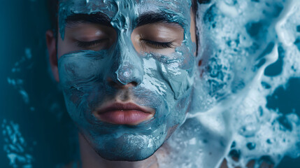 Close-up of a man's face artfully covered in a textured blue liquid, highlighting serene and mysterious vibes through the intricate patterns and soothing blue tones