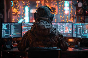 Obraz premium Uniformed cybersecurity specialist engrossed in multiple monitors with intricate data displays