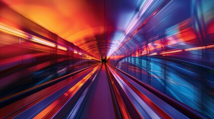 A long exposure captures the motion-blur of a train moving through a colorfully illuminated tunnel, creating a dynamic effect.