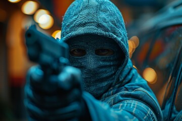 Close-up of an obscured person in blue with a gun, evoking themes of crime, tension, and danger