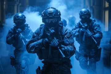 The image captures a special forces team engaged in a night operation, highlighted by dramatic blue lighting