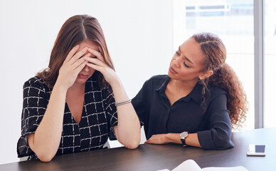 Business woman, management and stress in burnout, friends and advice with empathy in office....