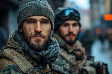 Fototapeta premium Close-up of two male soldiers with serious expressions, in full tactical gear, on an urban patrol