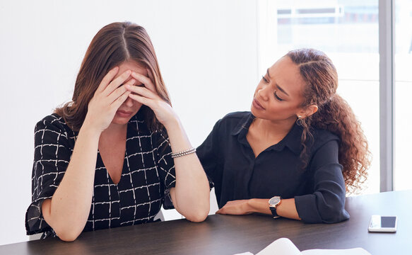 Business woman, management and stress in burnout, friends and advice with empathy in office. Anxiety, pressure and headache for employee for paperwork, review and task by frustrated or team support