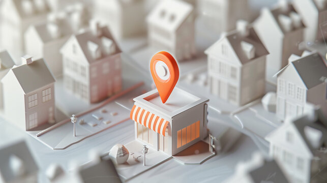 Miniature 3D Store Model with Orange Location Pin on Model City