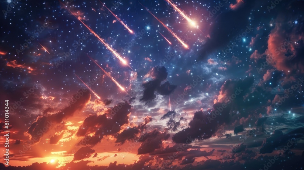 Wall mural during the day witness a mesmerizing display of several meteorites from asteroids streaking across t