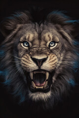Obraz premium Portrait of a majestic lion set against a black background. Looking straight at the camera. Soft blue glow rim lighting the animal figure. With a retro vintage sepia tint. Fierce animal.