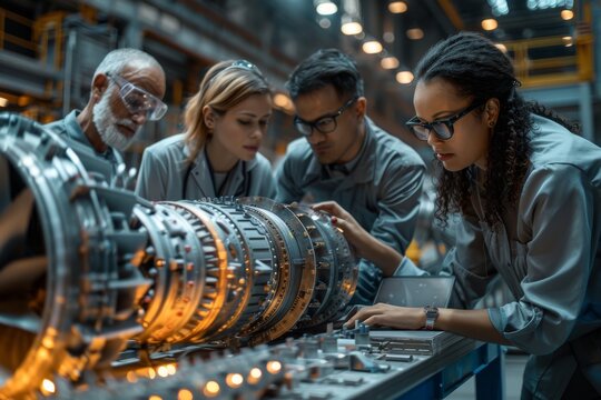 A diverse group of engineers working together, analyzing components of a large turbine engine in a factory