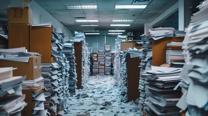 Messy office with lots of paperwork and files on the shelves.