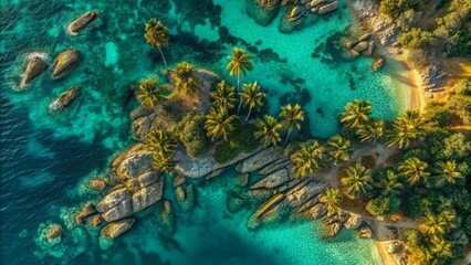 An aerial view of a tropical island with palm trees and rocks, located in transparent turquoise sea water, surrounded by white sandy beaches.
